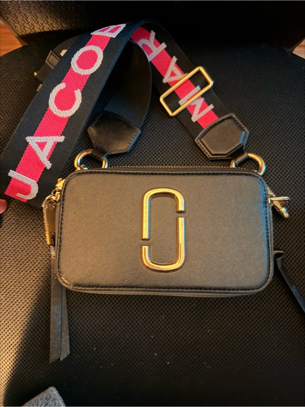 Marc Jacobs Black Snapshot Crossbody with Pink Accent Logo Strap